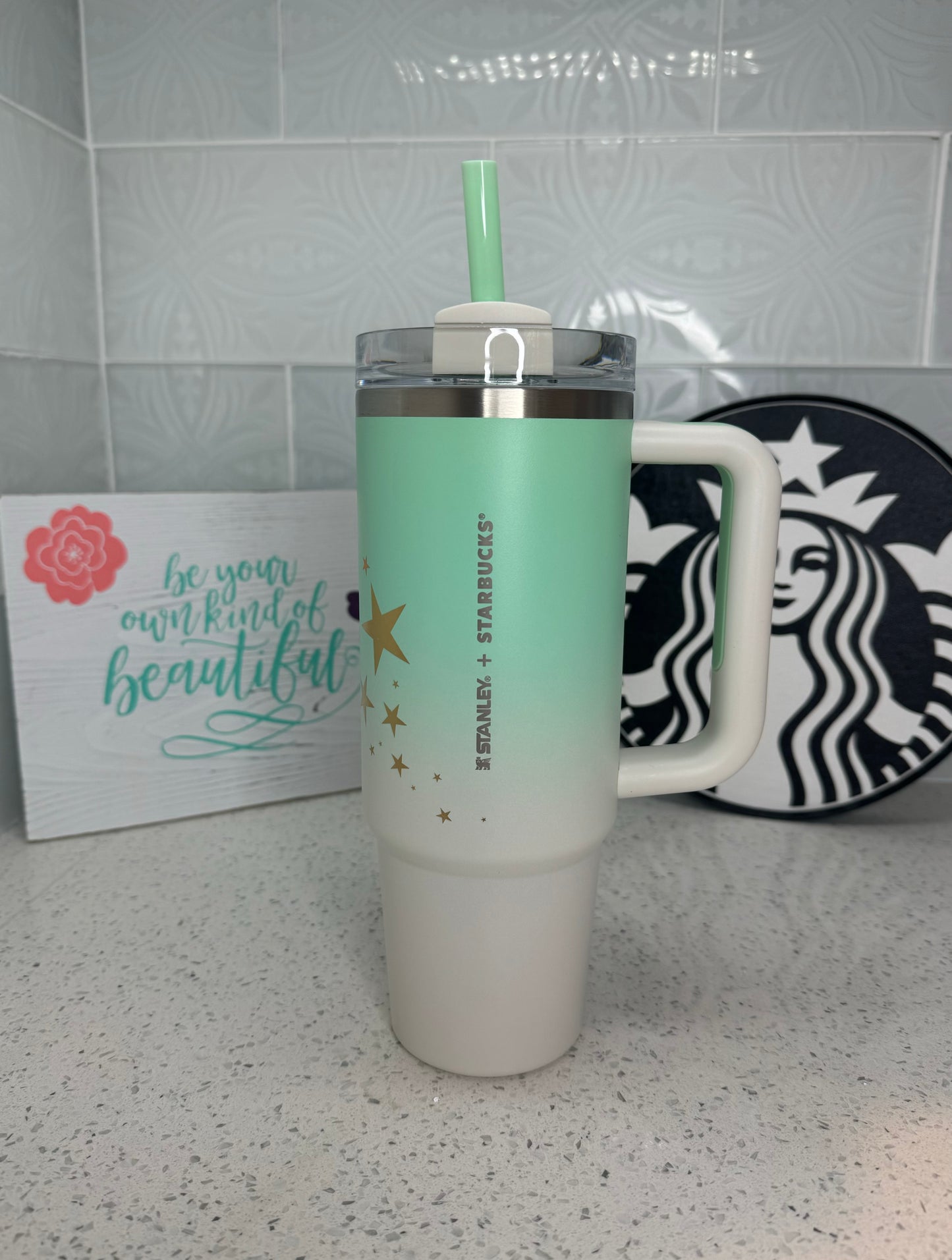 L.E. Starbucks + Stanley Rewards Mint Green & White w/Gold Stars Stanley Stainless Steel Quencher, 30oz Thailand