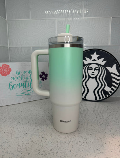 L.E. Starbucks + Stanley Rewards Mint Green & White w/Gold Stars Stanley Stainless Steel Quencher, 30oz Thailand