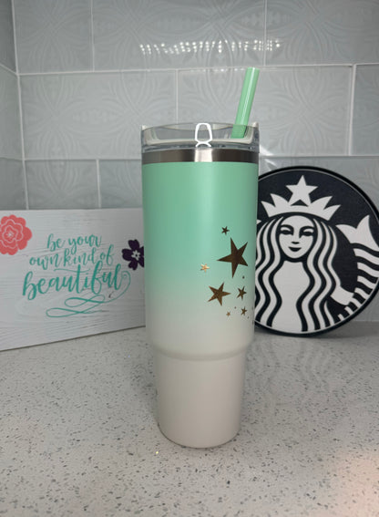 L.E. Starbucks + Stanley Rewards Mint Green & White w/Gold Stars Stanley Stainless Steel Quencher, 30oz Thailand