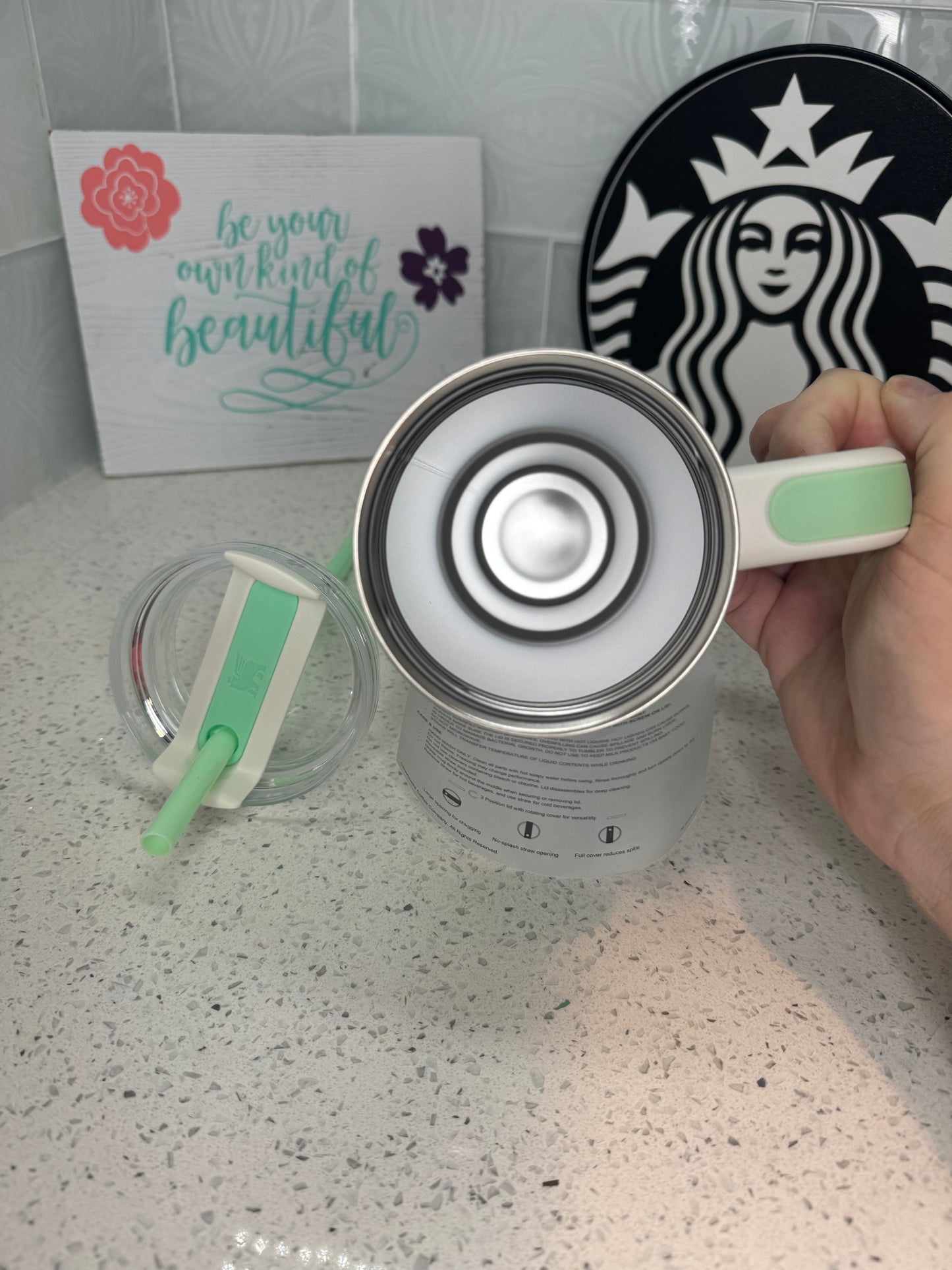 L.E. Starbucks + Stanley Rewards Mint Green & White w/Gold Stars Stanley Stainless Steel Quencher, 30oz Thailand