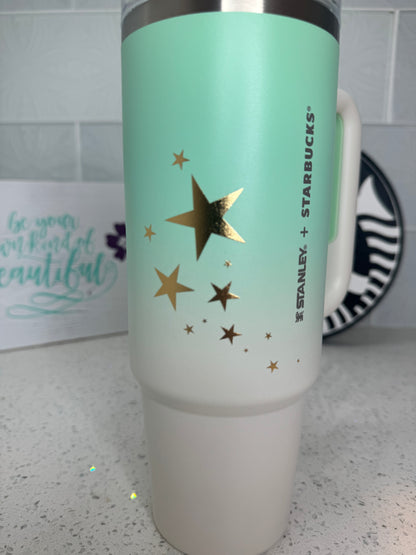 L.E. Starbucks + Stanley Rewards Mint Green & White w/Gold Stars Stanley Stainless Steel Quencher, 30oz Thailand