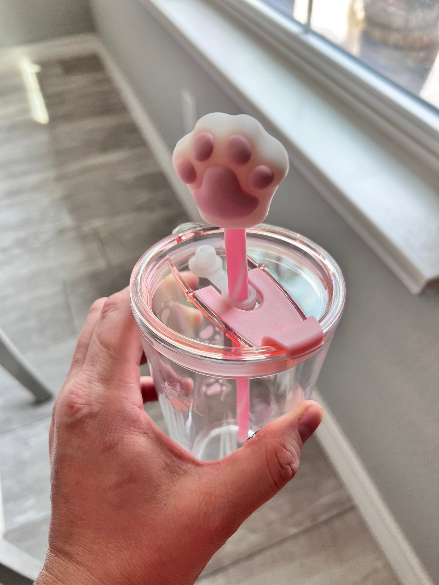 Starbucks Frappuccino Lovely Pink Cat Paw Double Lidded Glass w/Paw Straw Topper