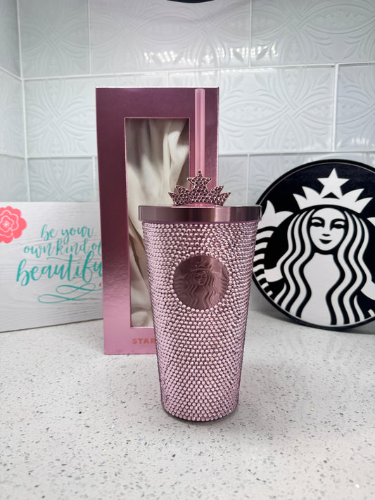 Starbucks Limited Edition Pink Rhinestone Diamond SS Tumbler w/Rhinestone Crown