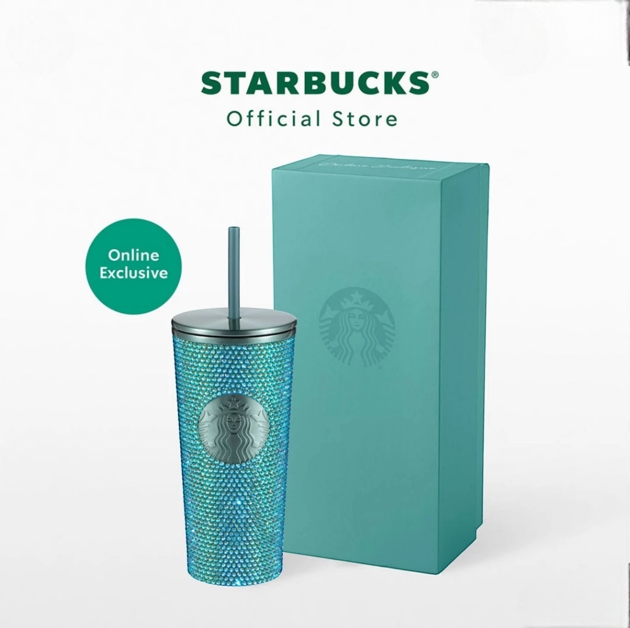 Starbucks Coral Blue Crystal Rhinestone Bling Stainless Steel Tumbler, 16oz - Thailand Exclusive