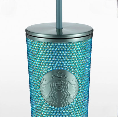 Starbucks Coral Blue Crystal Rhinestone Bling Stainless Steel Tumbler, 16oz - Thailand Exclusive