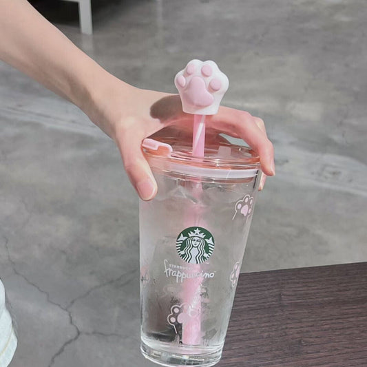 Starbucks Frappuccino Lovely Pink Cat Paw Double Lidded Glass w/Paw Straw Topper