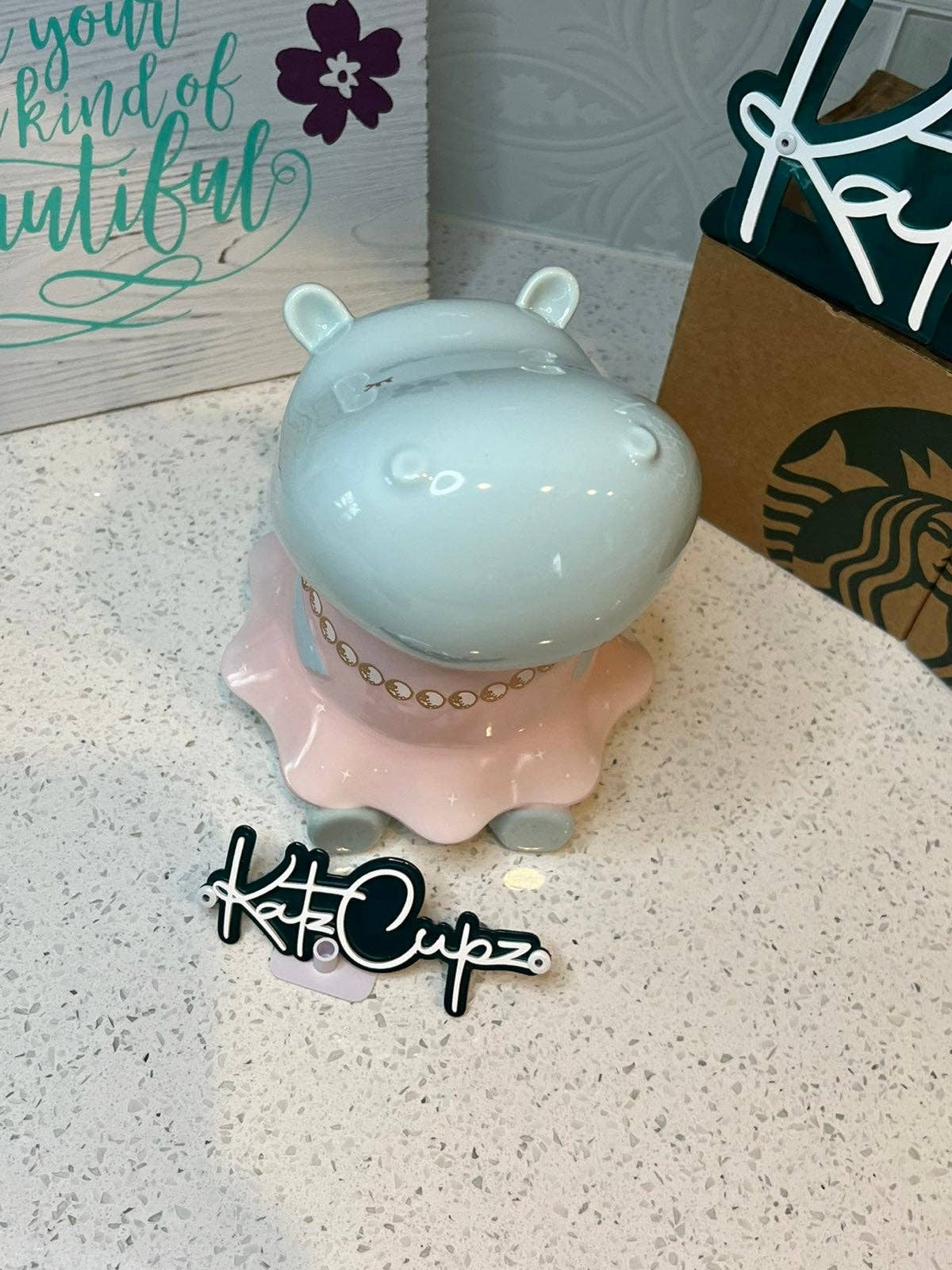 Starbucks Hippo Ballerina in Pretty Pink Dress with Head Topper, Taiwa Katz Cupz Starbucks Hippo Ballerina in Pretty Pink Dress with Head Topper, Taiwa Katz Cupz