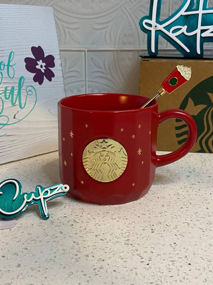 Starbucks Red Christmas Star Gold Metal Mug w/Red Cup Muddler, China