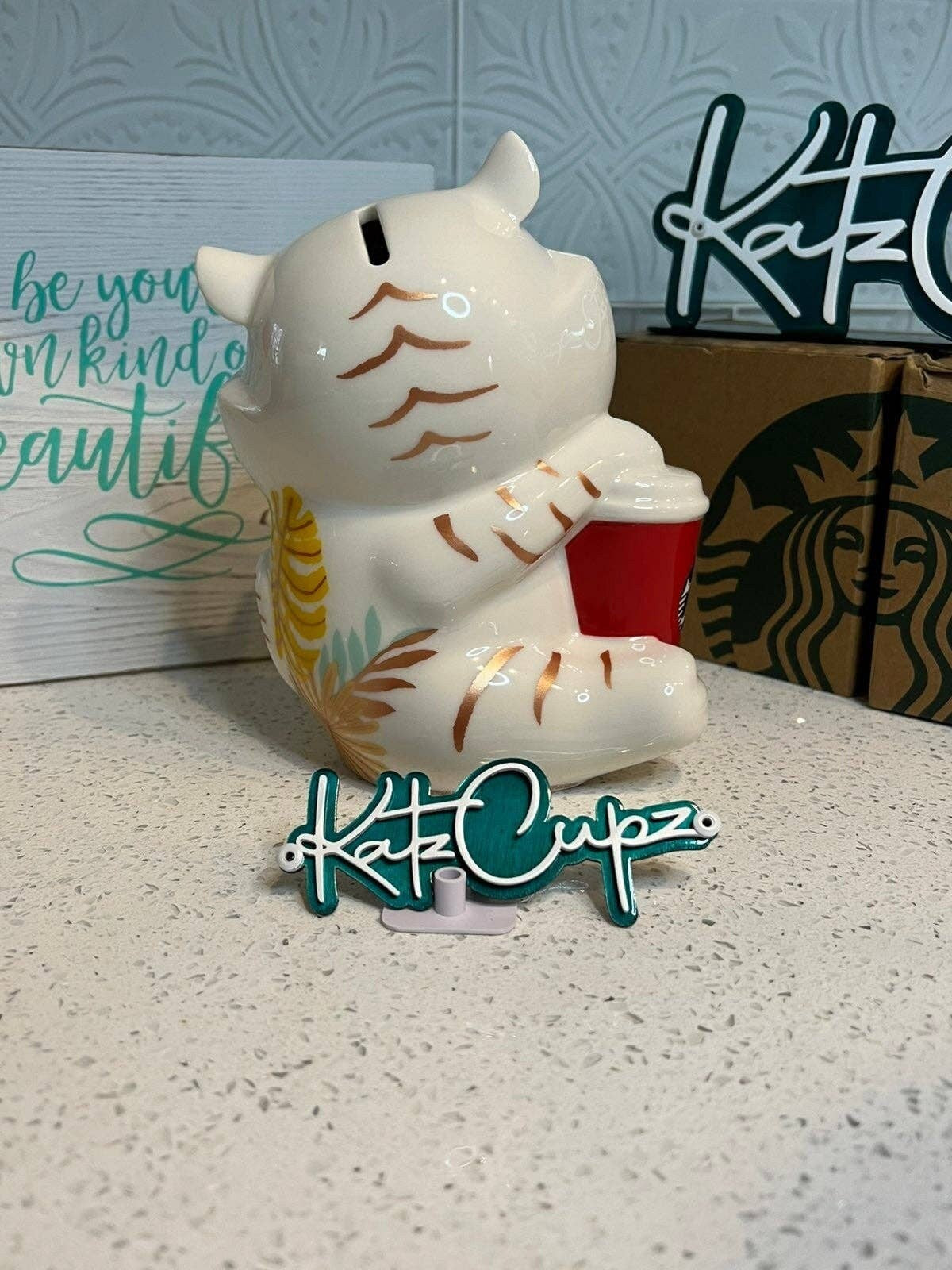 Starbucks Winking White Tiger w/SB Red Cup Piggy Bank, Taiwan