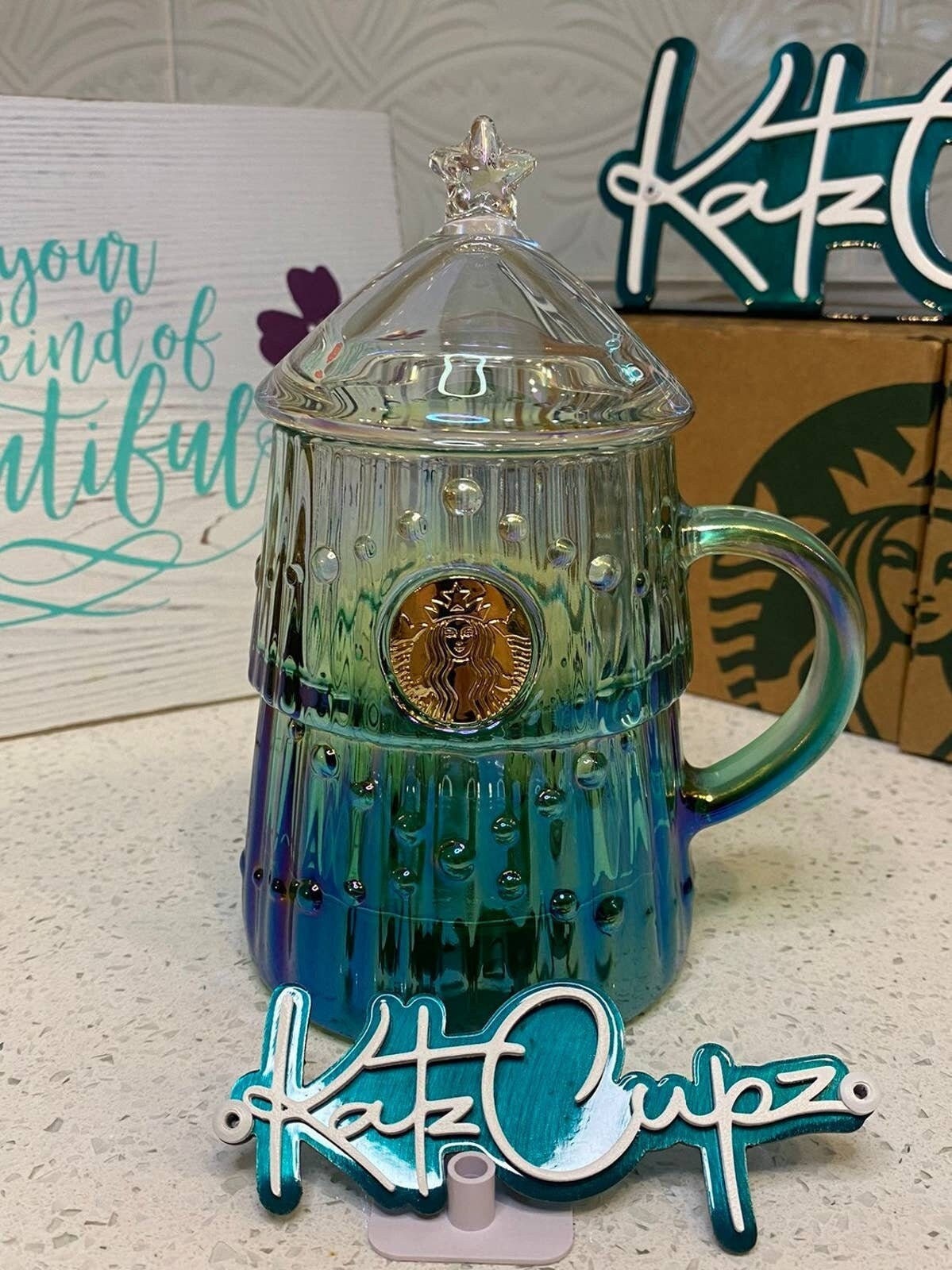 Starbucks Christmas Tree Shaped Blue/Green Gradient Glass Mug, China