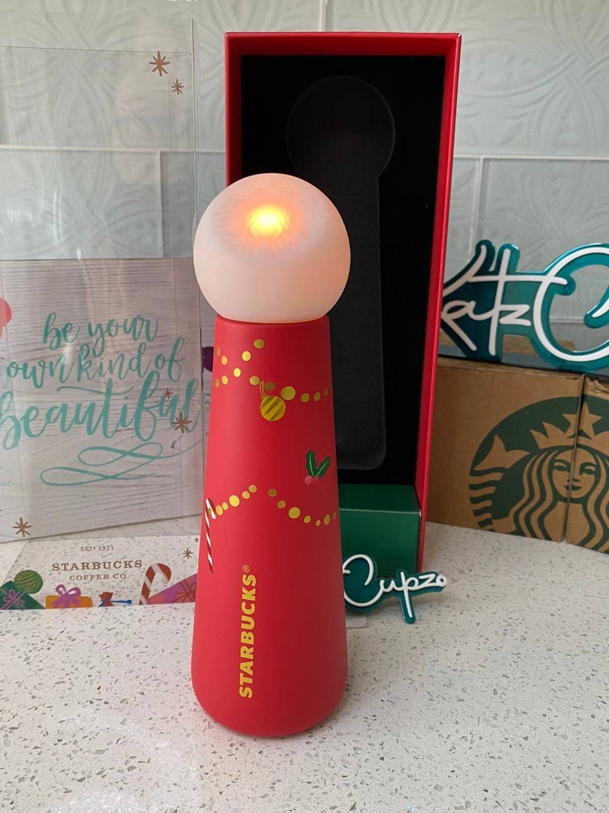 Starbuck LED Luminous Lighthouse Stainless Steel Water Bottle Gift Set, China